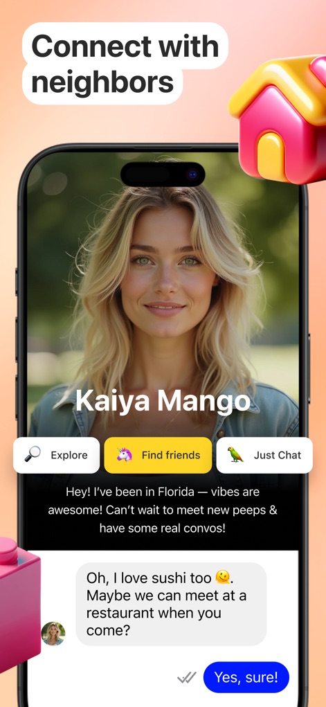 Kiki: Local Chat & People Near - 이 앱은 '이웃과 연결' 기능을 통해 카이야 망고와 같은 개별 프로필을 보여주며, 'Just Chat' 버튼과 채팅 버블을 이용한 직접적인 대화로 사용자 간의 소통을 가능하게 합니다.