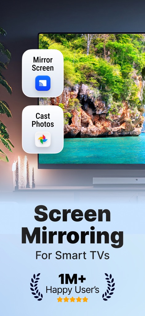 Screen Mirroring · TV Cast - L'application simplifie le partage de contenu, comme le montre le bouton clair 'Mirror Screen' pour la duplication d'écran et la fonction 'Cast Photos' pour diffuser vos souvenirs sur grand écran.