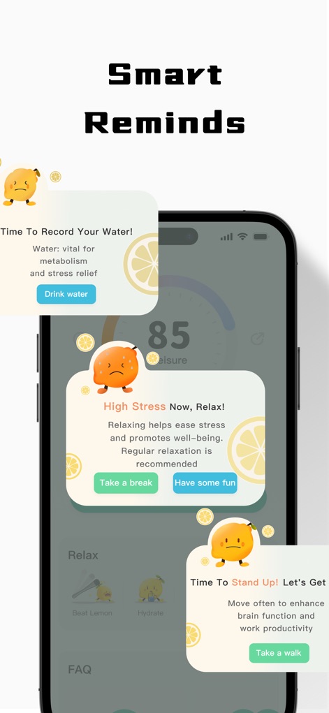 LemonHRV: Stress HRV for Watch - Experience intelligent pop-up reminders for hydration and stress levels, featuring contextual calls to action like "Take a break" to guide users towards healthier habits.