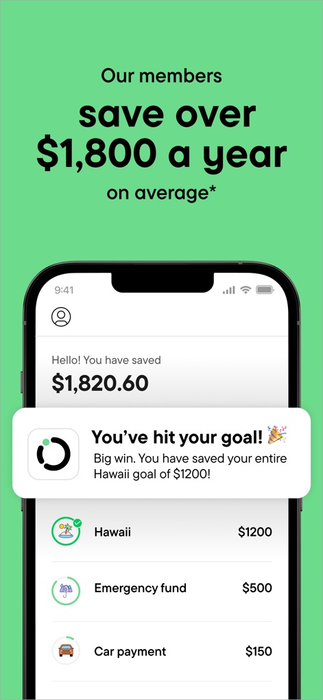 Oportun: Finances made simple - ユーザーは目標達成の喜びを通知で受け取り、緊急資金や車の支払いなど複数の貯蓄目標を一覧で管理できます。