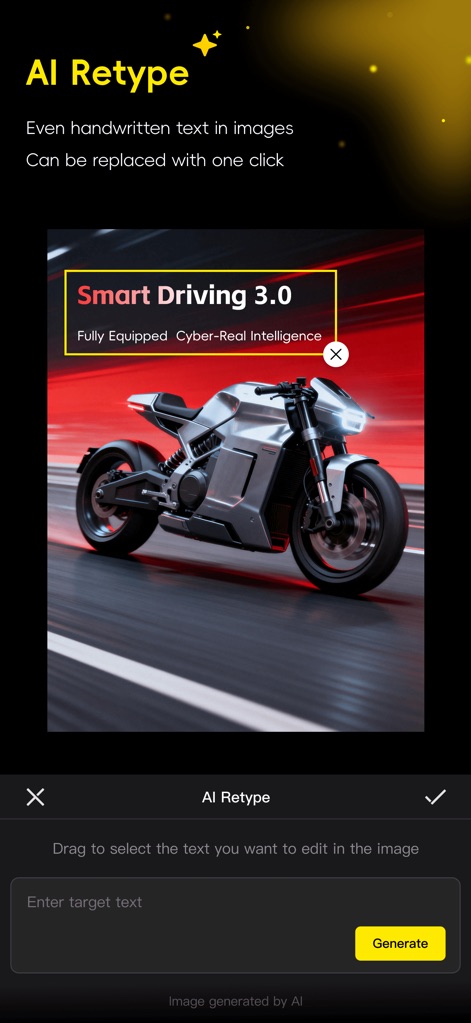 Rabbix - Observe the powerful AI Retype feature that enables seamless text replacement directly within images, facilitated by an intuitive 'Enter target text' field.