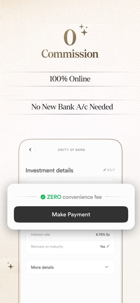 Stable Money: FDs, Bonds, Gold - The platform ensures a fully transparent investment experience, clearly indicating zero convenience fees and emphasizing a 100% online process that eliminates the need for new bank accounts.
