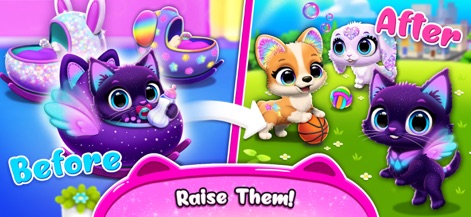 FLOOF - My Pet House - Users can witness the transformation of their virtual pets, such as the winged cat, from tiny babies in sparkly bassinets to active companions.