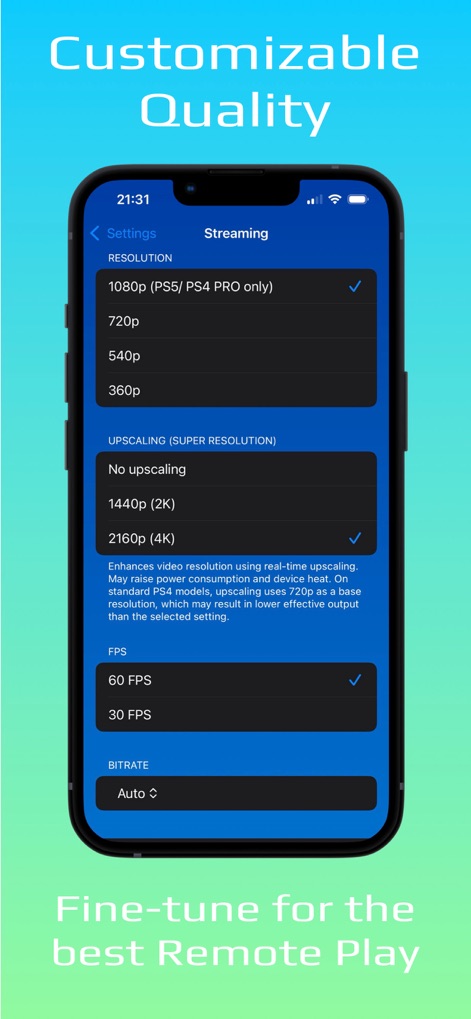 PXPlay: Remote Play - Users can fine-tune their remote play experience by adjusting resolution and upscaling options, alongside granular FPS and bitrate adjustments.