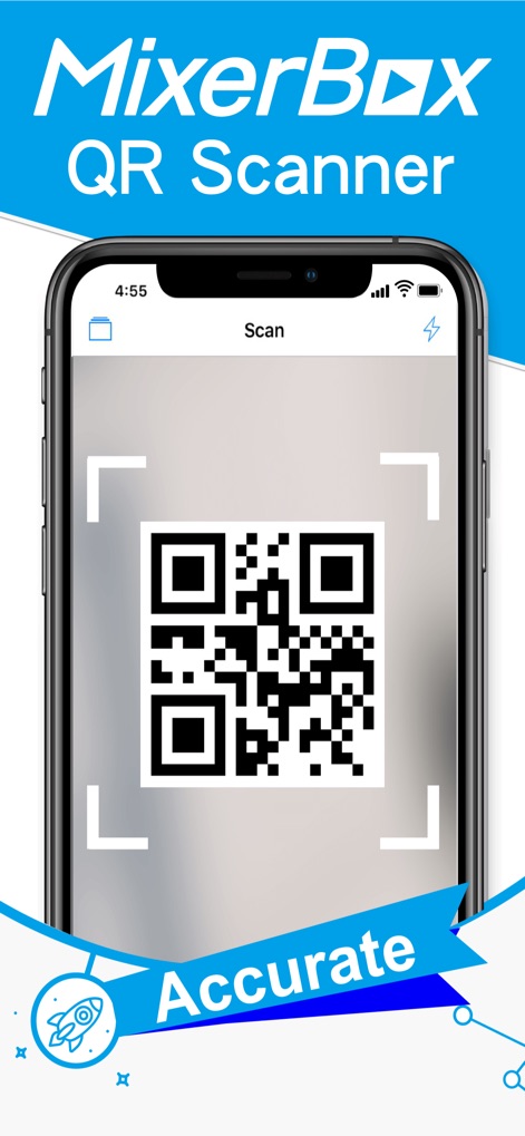 QR Code Reader/QR Scanner App - La aplicación muestra una interfaz limpia con un marco de escaneo prominente para códigos QR y enfatiza la 'Precisión' con un distintivo gráfico de cinta azul y un ícono de cohete.