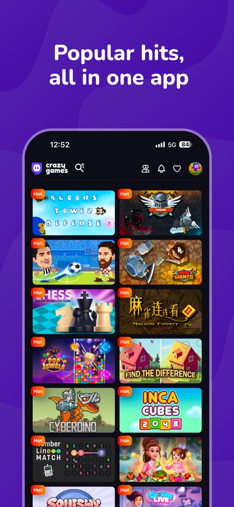 CrazyGames: Play 1500+ Games - Questo screenshot mostra una selezione di giochi popolari contrassegnati come 'Hot', dimostrando la varietà dei titoli disponibili all'interno di un'unica applicazione e la loro curata visibilità nella sezione 'Popular hits'.