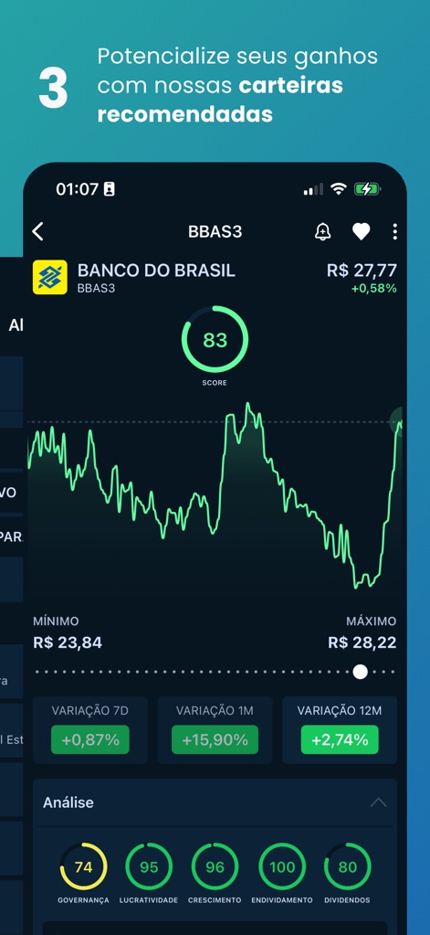 Análise de Ações - Una visualizzazione grafica mostra l'andamento storico di un'azione (BBAS3) con valori minimi e massimi, integrata da una chiara indicazione delle variazioni percentuali a 7D, 1M e 12M.