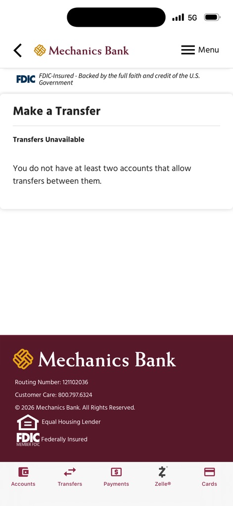 Mechanics Bank Mobile Plus - The app provides a dedicated "Transfers" section within the bottom navigation bar, offering a clear message if fund transfers are currently "Transfers Unavailable" due to account conditions.