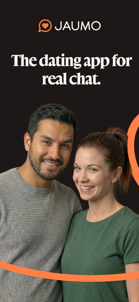 Jaumo Dating App: Flirt & Chat - See how the prominent 'JAUMO' logo introduces the app's brand, while the smiling faces of the couple instantly convey its focus on genuine connections.