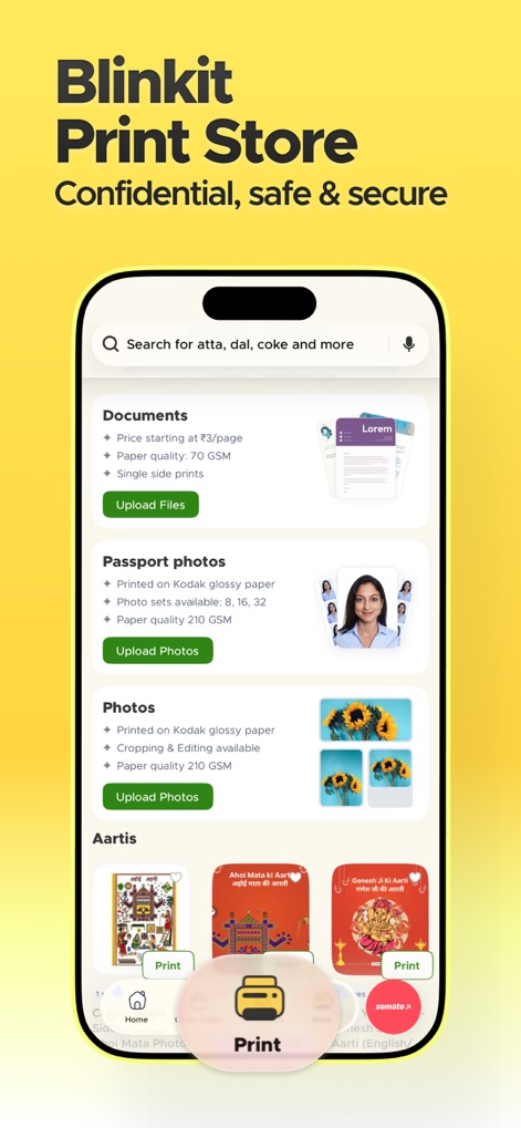 Blinkit: Groceries & more - The 'Blinkit Print Store' offers flexible services for printing 'Documents' and 'Passport photos,' ensuring secure and confidential processing.