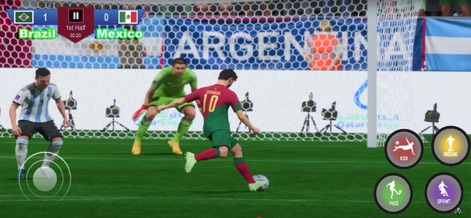 Dream Soccer League 2026 - ゴール前の白熱したシュートシーンが映し出されており、素早い反応を見せるゴールキーパーと、得点を狙う選手の動きが特徴です。