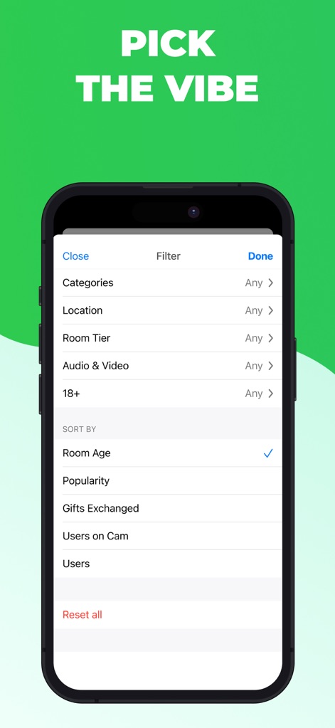 Camfrog: Live Video Chat Rooms - Users can refine their room search using advanced filter options like 'Categories' and sort criteria such as 'Popularity' to find their ideal community.