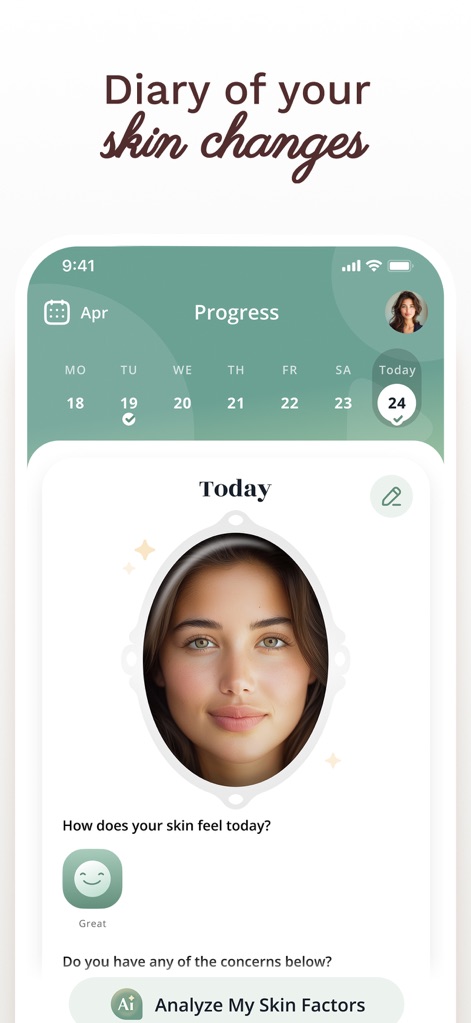 Luvly: Face Yoga Exercises - Questo diario permette di monitorare i "skin changes" quotidianamente, mostrando un calendario per tenere traccia dei progressi e un'opzione per "Analyze My Skin Factors" con l'AI.