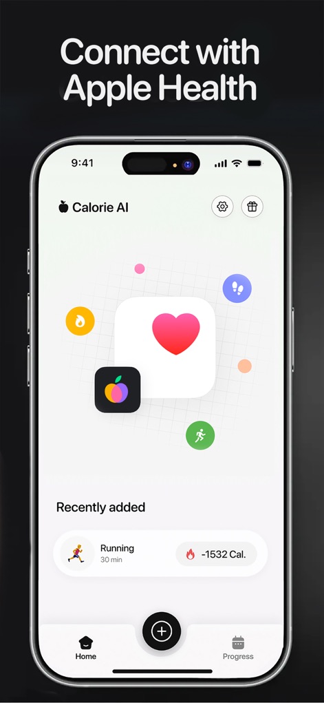 Calorie AI - Food Scan - La herramienta permite la conexión con Apple Health, lo que facilita la sincronización de datos y muestra actividades recientes como "Running" con sus calorías quemadas.