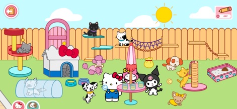 Hello Kitty And Friends World - The app features an expansive outdoor pet area where characters interact with various animals and play with pet-specific accessories like cat trees and dog houses.