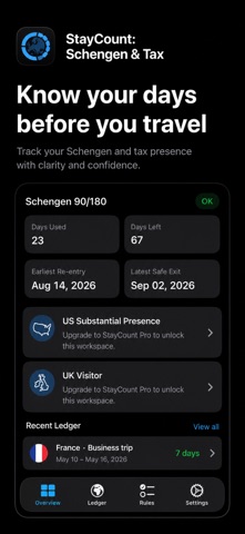 StayCount: Schengen & Tax iPhone screenshot