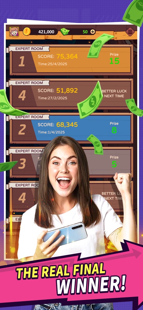 Nile Riches Reelst：Real Cash - This app showcases the thrilling moment of victory, featuring a delighted user celebrating alongside a detailed scoreboard displaying prize amounts and 'Expert Room' standings.