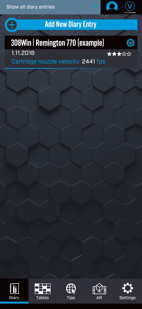 Vihtavuori Reload - この画面では、特定のレシピに関する概要が表示され、カートリッジの銃口初速データと評価用のスターレーティングアイコンを確認できます。