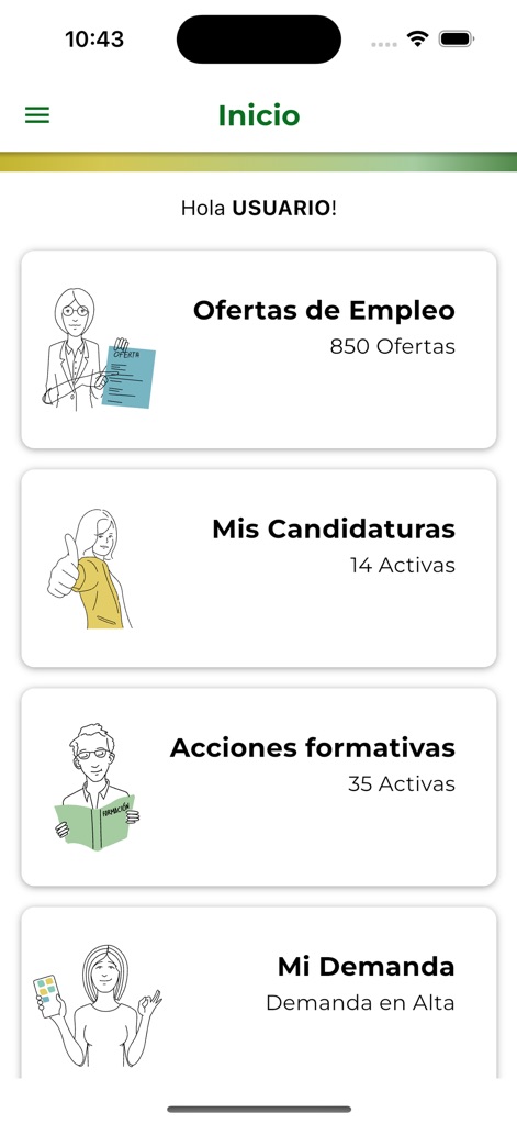 Servicio Andaluz de Empleo - Users can quickly access key features like "Ofertas de Empleo" (Job Offers) and "Mis Candidaturas" (My Applications) from a clear, card-based home screen.