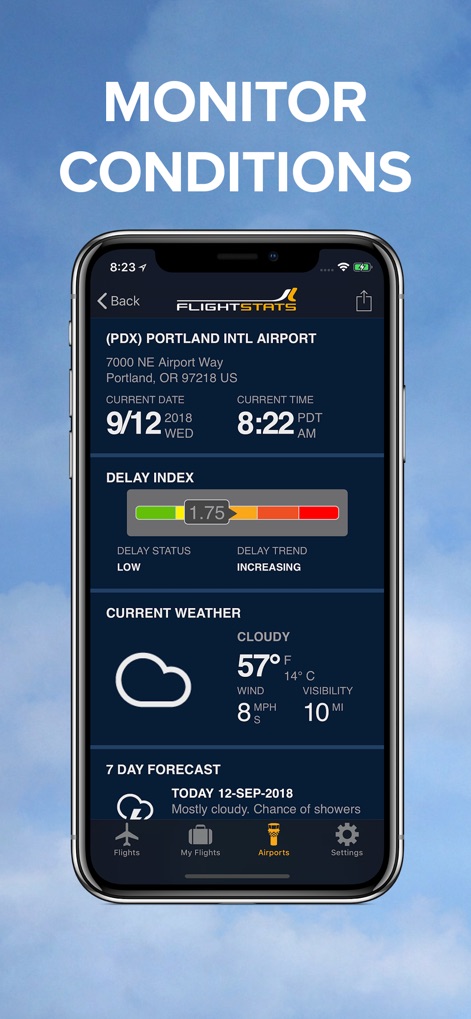 FlightStats - Dieses Tool liefert umfassende Flughafeninformationen, darunter den aktuellen „Delay Index“, der die Verzögerungstrends aufzeigt, sowie präzise Wetterdaten inklusive Temperatur und Sichtverhältnisse.