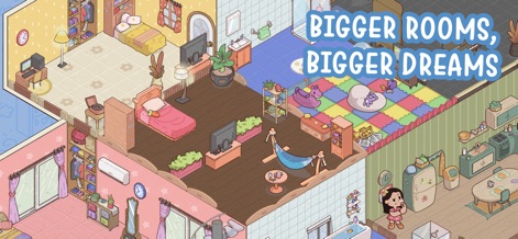 My Dear Farm - Gli utenti possono decorare vasti spazi interni con diversi set di mobili, come suggerito dal messaggio promozionale "BIGGER ROOMS, BIGGER DREAMS" che invita all'espansione.