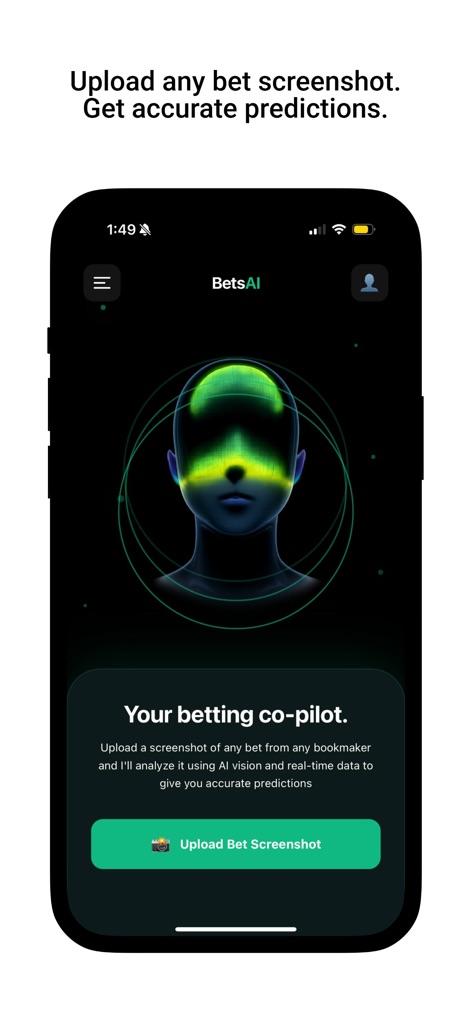 betsAI: AI Sports Prediction - Nutzer finden hier eine klare Handlungsaufforderung zum Hochladen eines Wett-Screenshots, unterstützt durch die futuristische Darstellung des KI-Systems.