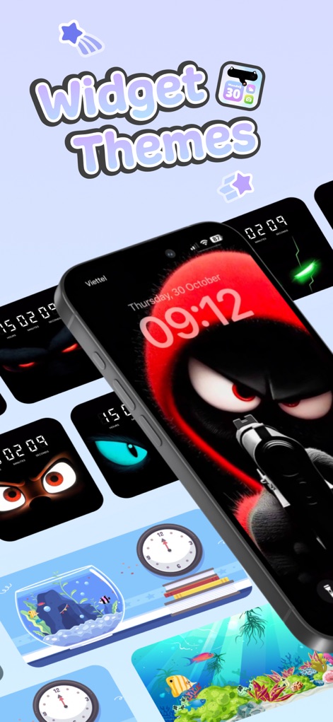 Color Widgets - Aesthetic Icon - See how the app showcases diverse lock screen widgets, from expressive character eyes to charming fish tank themes, for ultimate personalization.