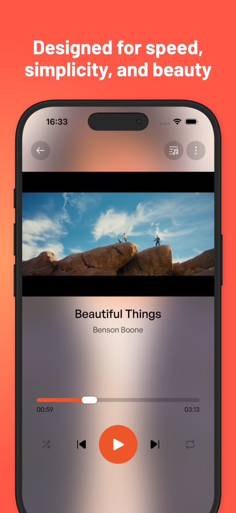 Music  : Cloud Music Streaming - Nutzer genießen eine visuell ansprechende Wiedergabe mit einem großflächigen Hintergrundbild oder Video zum aktuellen Song und einer übersichtlichen Fortschrittsanzeige sowie zentralen Wiedergabesteuerungen.