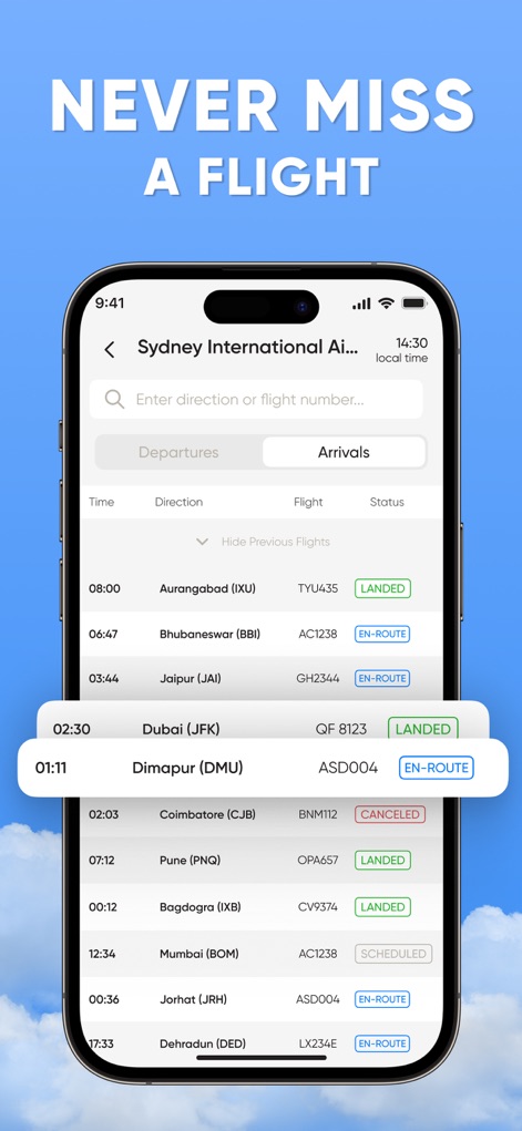 Flight Tracker: Plane Radar 24 - Esta sección presenta un listado claro de llegadas y salidas de un aeropuerto específico (Sydney International Airport) con estados actualizados como 'LANDED' o 'EN-ROUTE', facilitando la gestión de itinerarios.
