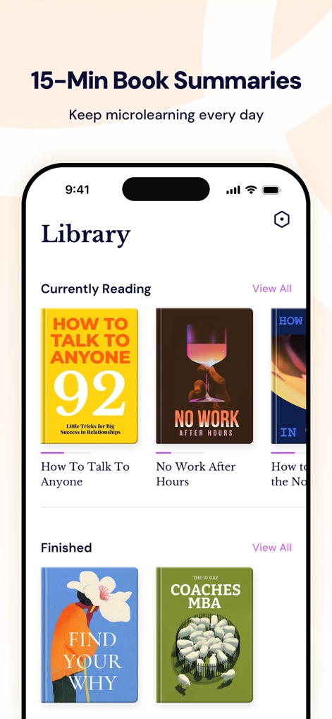 GrowMe: Micro Learning Daily - Discover the app's well-organized 'Library' feature, presenting both 'Currently Reading' and 'Finished' sections for effortless progress tracking and book summary access.