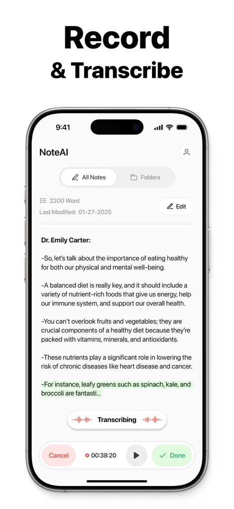 Note AI: Smart Note Taker - Observe cómo la herramienta captura y transcribe contenido hablado en tiempo real, con la capacidad de resaltar texto durante el proceso de transcripción para facilitar la revisión.