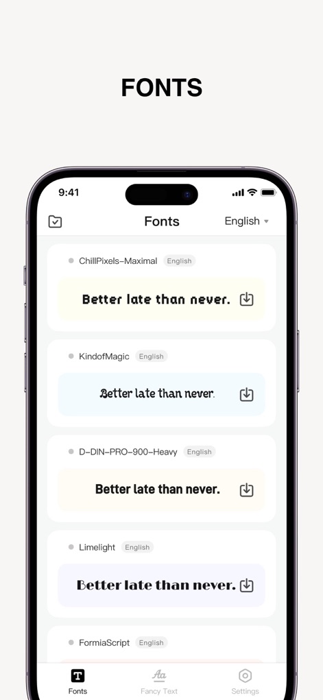 Fonts – - See how the app presents a vast font collection, offering instant preview text and convenient download options for each style.