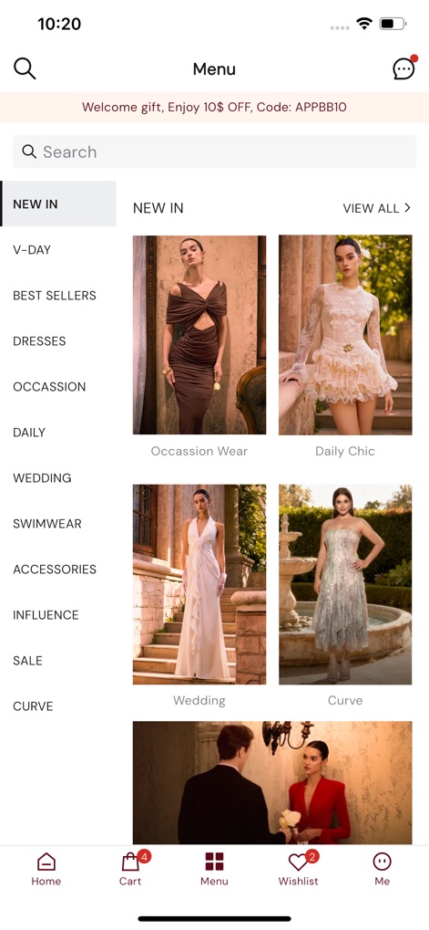 Bella Barnett - 이 스크린샷은 'NEW IN', '드레스'와 같은 명확한 카테고리를 포함한 포괄적인 메뉴와 함께 '데일리 시크' 및 '웨딩' 의류가 포함된 신상품 그리드를 보여줍니다.