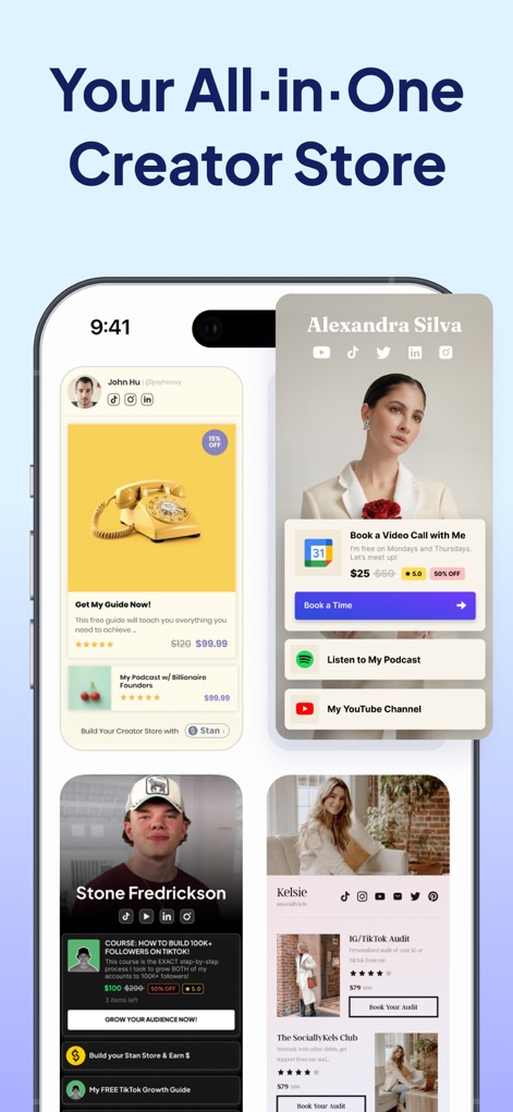Stan: Link in Bio for Creators - Os usuários podem visualizar uma loja de criadores multifuncional, que consolida diversas ofertas como produtos digitais e chamadas de vídeo, apresentadas em um layout personalizável com foto de perfil e links de mídia social.