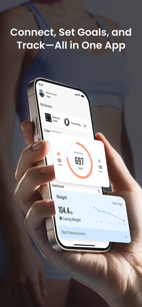 RENPHO Health - Die App präsentiert ein übersichtliches Dashboard, das den aktuellen Kalorienverbrauch mit einem Kreisdiagramm und das Körpergewicht mit einem Liniendiagramm darstellt.