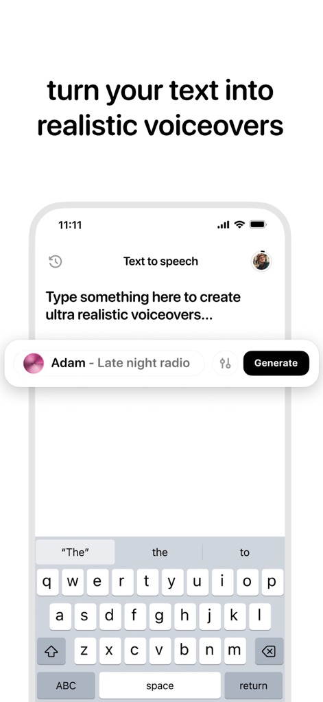 Labs AI Voice Generator - O aplicativo Labs AI Voice Generator simplifica a criação de narrações, onde os usuários podem inserir texto no campo dedicado e selecionar entre diversas opções de voz, como 'Adam - Late night radio', antes de gerar o áudio.