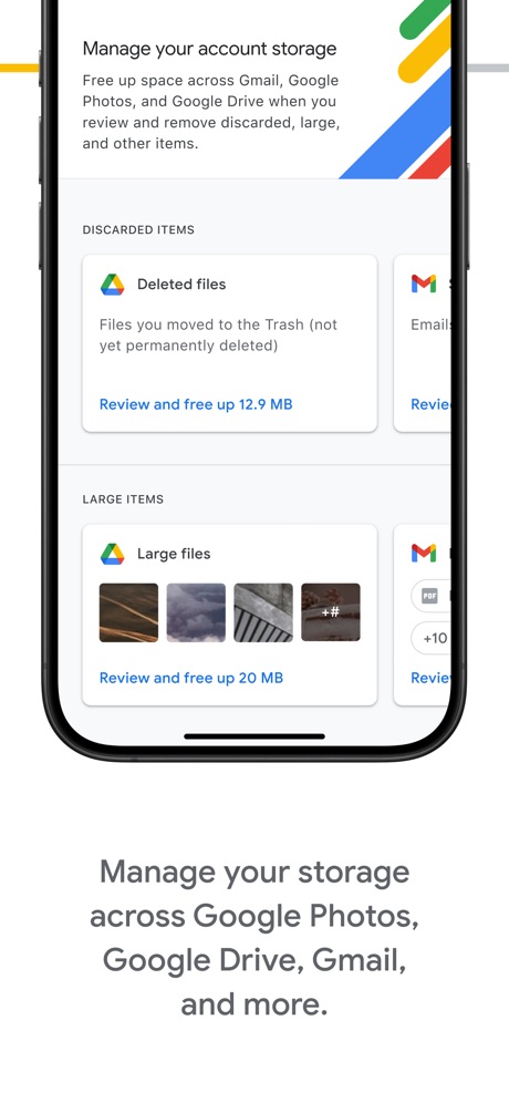 Google One App Store screenshot 2, headline “Manage your storage across Google Photos, Google Drive, Gmail, and more.”. Words at the bottom.