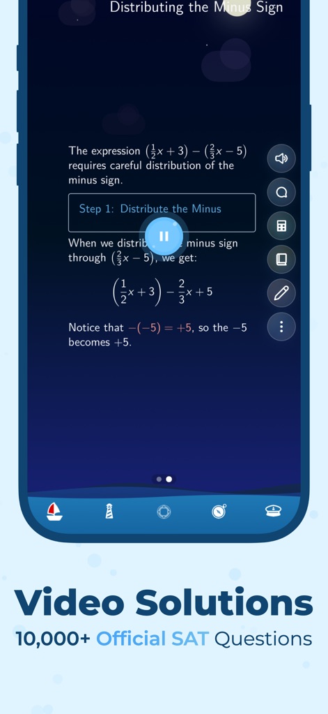 Dolphin: Digital SAT Test Prep - Los usuarios acceden a soluciones detalladas para problemas complejos, representadas por un botón de "pausa" en un video explicativo y un "Paso 1" que desglosa la resolución de conceptos.