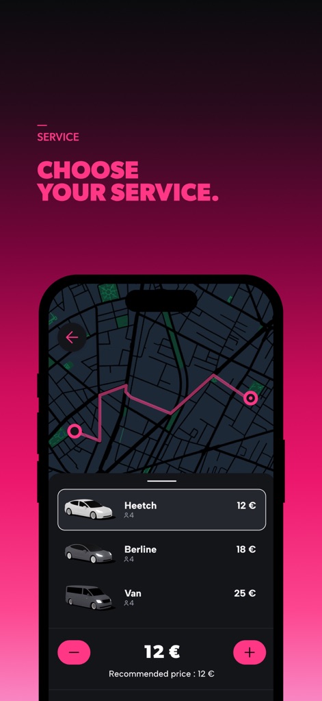 Heetch - Ride-Hailing App 24/7 - Users can easily navigate ride options on an interactive map, selecting their preferred vehicle type and viewing transparent pricing for each service.