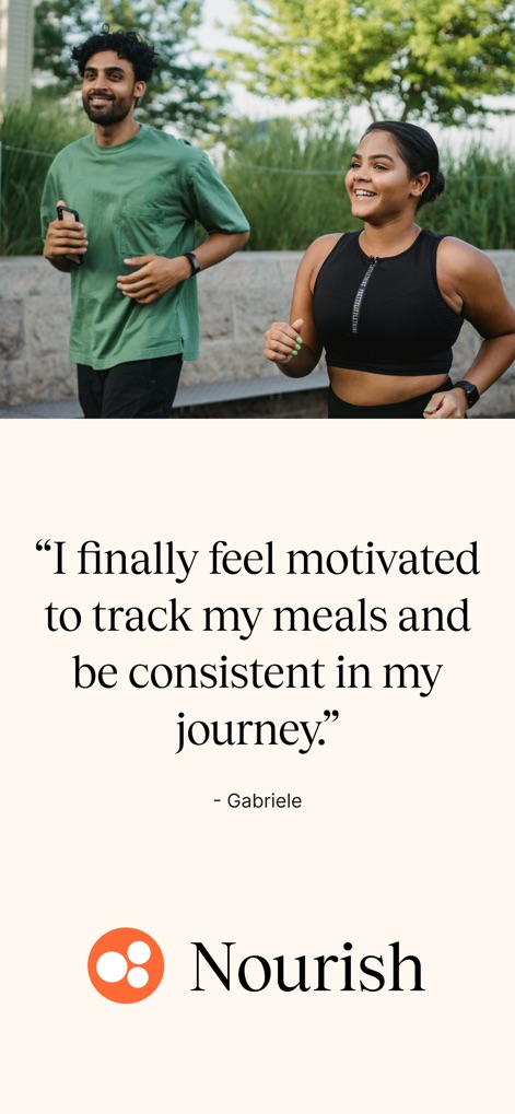 Nourish: Eating Well Made Easy - La aplicación refuerza la motivación de los usuarios con testimonios auténticos, como el de Gabriele, que expresan sentirse "finalmente motivado para registrar mis comidas" y mantener la constancia en su viaje.