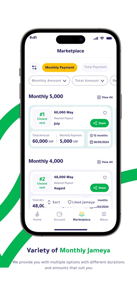 هكبه | Hakbah - Users can explore a dynamic Jameya marketplace, offering a variety of groups with clear monthly amounts and flexible filtering options to find the perfect savings plan.