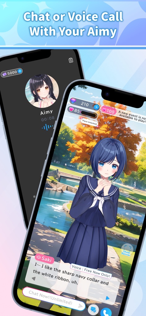 Aimy: Anime-Style AI Chat - Engage in natural voice chats and observe companions reacting with dynamic expressions against varied, beautiful backgrounds.