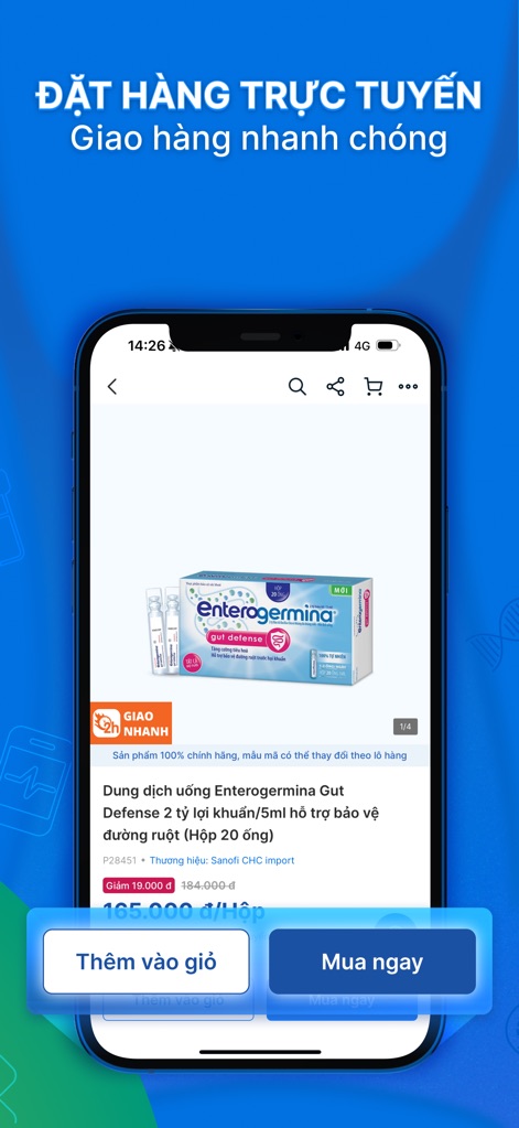 Pharmacity - Nhà thuốc uy tín - Nutzer können hier bequem Medikamente und Produkte wie 'Enterogermina Gut Defense' direkt bestellen und wählen zwischen 'In den Warenkorb legen' oder 'Sofort kaufen'.