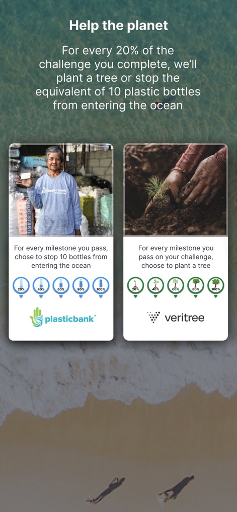 The Conqueror Challenges - This tool features clear "Environmental Contribution Milestones" for plastic bottles and "Tree Planting Initiatives" tied to challenge progress.