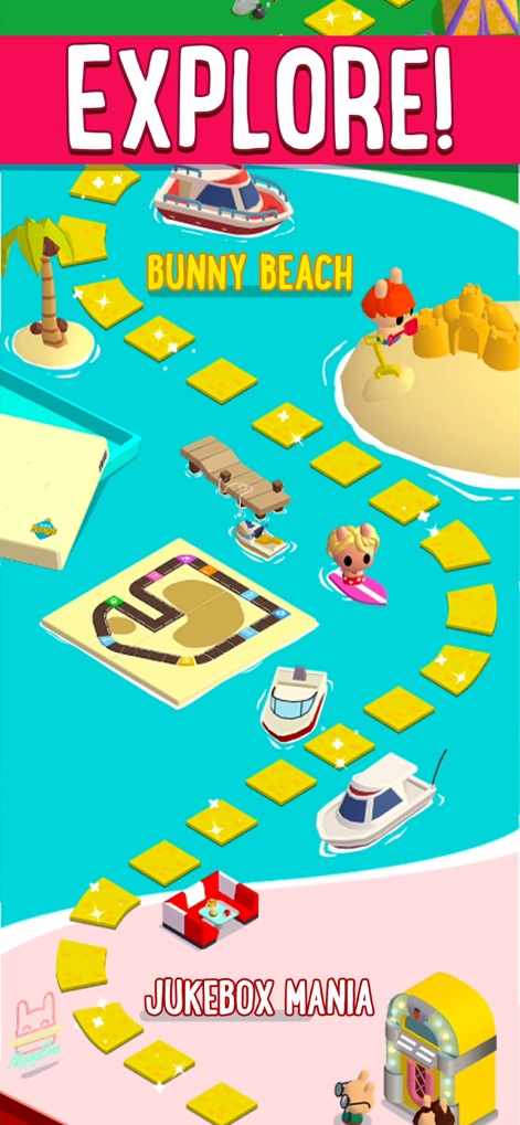 Board Kings-Board Dice Games - The app encourages exploration across various themed boards, from the sandy shores of Bunny Beach to the vibrant Jukebox Mania.