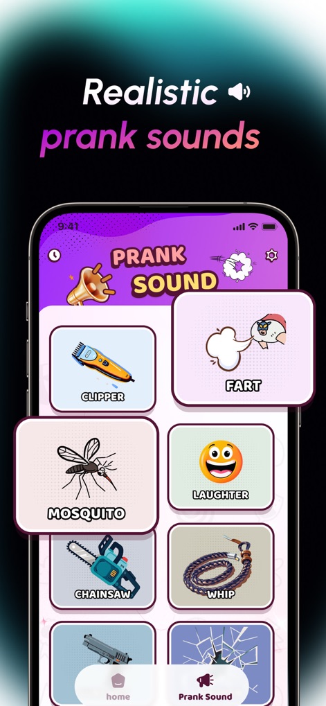 Prank App-Funny Voice Changer - Déclenchez une panoplie de sons de farce ultra-réalistes, des clippers aux bruits de pets, illustrés par des icônes distinctives.
