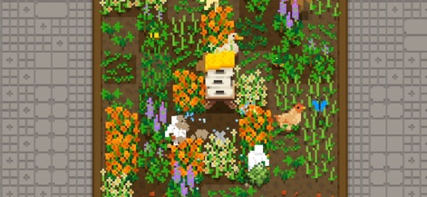 Tiny Terraces - Explore a flourishing garden where colorful, varied flora thrives and charming farm animals like chickens and ducks roam freely.