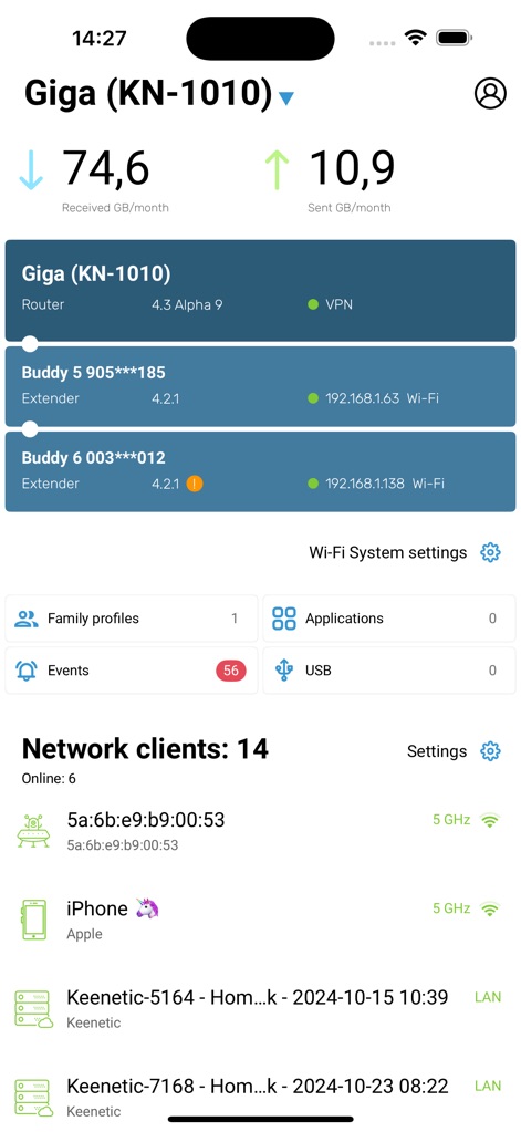 Netcraze - Observe the comprehensive 'Giga (KN-1010)' dashboard, showcasing real-time data transfer statistics and quick access to 'Family profiles' for tailored management.