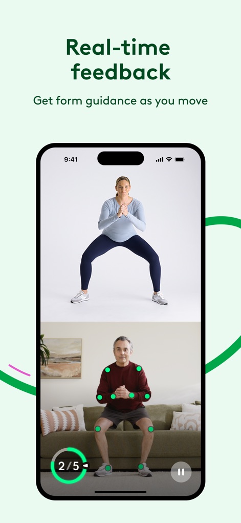 Hinge Health - Cette fonctionnalité fournit un "retour visuel en temps réel" sur la forme de l'exercice grâce à des "points de suivi (verts)" placés sur le corps.