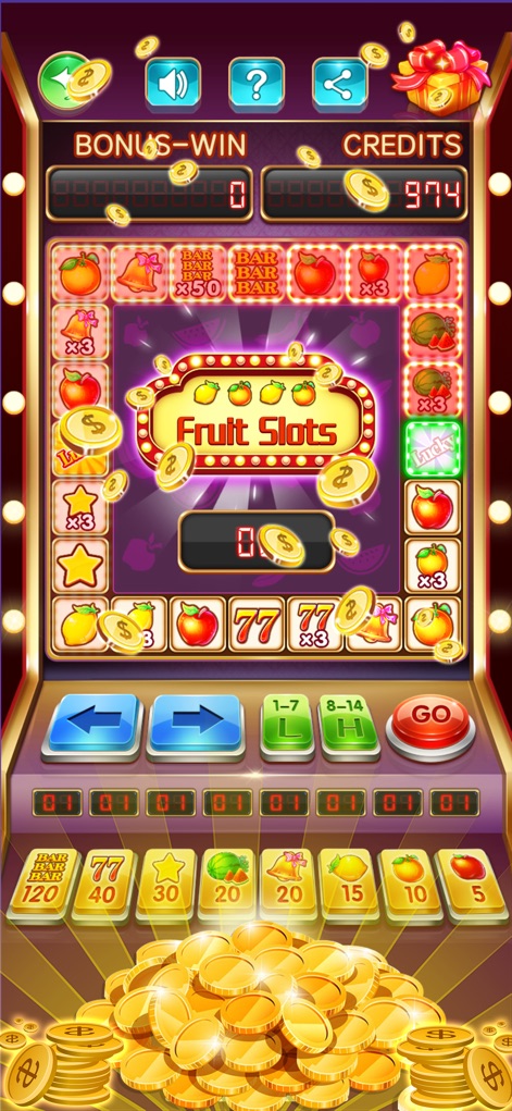 Fruit Slots - Classic Casino - The app clearly displays increasing BONUS-WIN and CREDITS during a successful spin, along with the dynamic update on the central 'Fruit Slots' display.